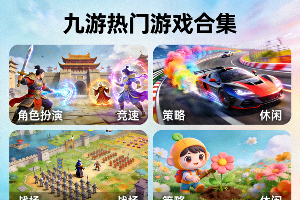 九游平台多款热门游戏的画面合集展示，包含角色扮演、竞速、策略、休闲等类型的游戏场景，色彩丰富绚丽