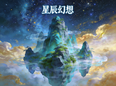 九游热门仙侠手游《星辰幻想》的游戏场景原画，描绘了瑰丽的星空与漂浮的仙山，云雾缭绕