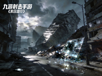 九游射击手游《末日潜行》的废墟场景，废弃都市中光线昏暗，渲染出危机四伏的末世氛围