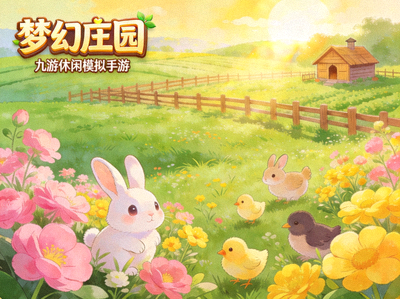 九游休闲模拟手游《梦幻庄园》的田园风光画面，色彩温暖明亮，小动物与花草相映成趣