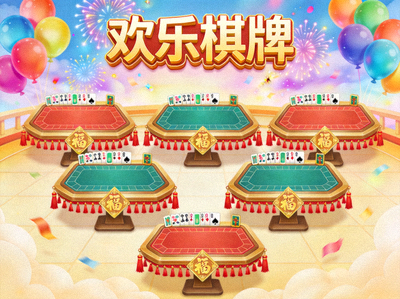 九游休闲棋牌手游《欢乐棋牌》的大厅界面，色彩明亮活泼，牌桌装饰充满节日气氛